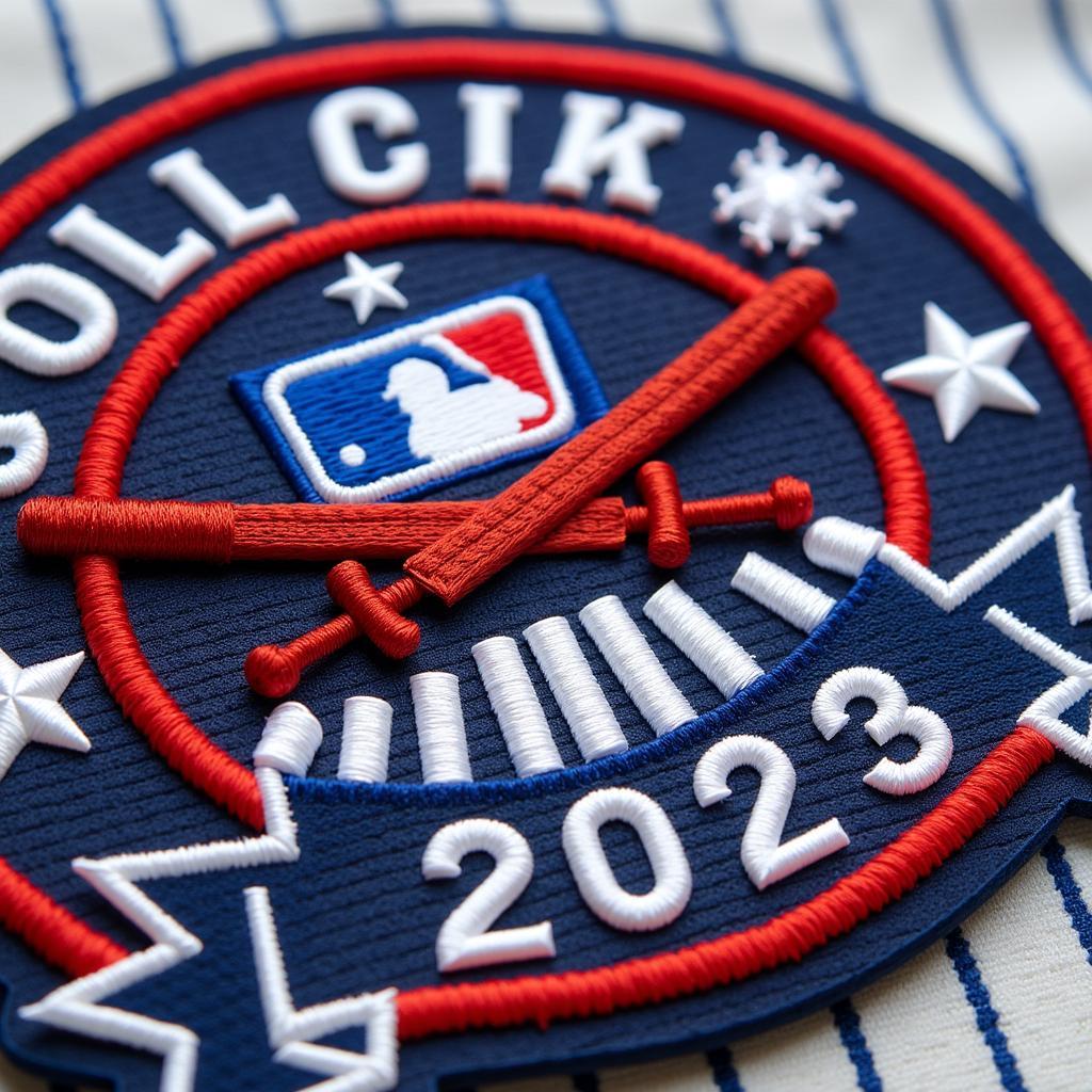 Close-up view of the 2023 World Series patch, showcasing its intricate details and vibrant colors.