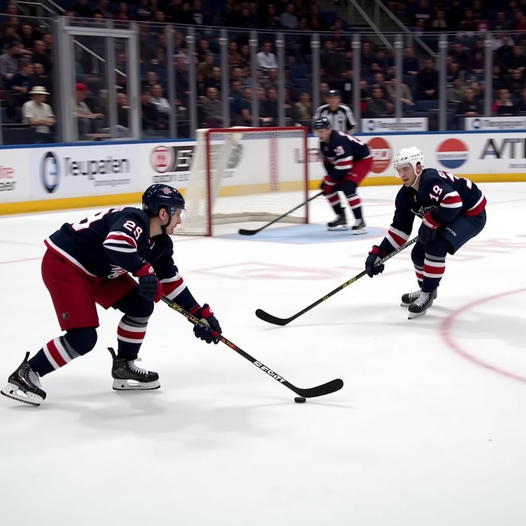 Fast-paced action in a 3 on 3 hockey game