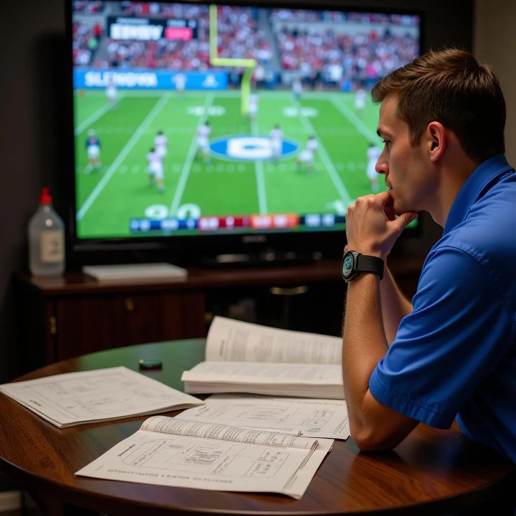 A football coach analyzing game film to prepare for an upcoming 8-man football game