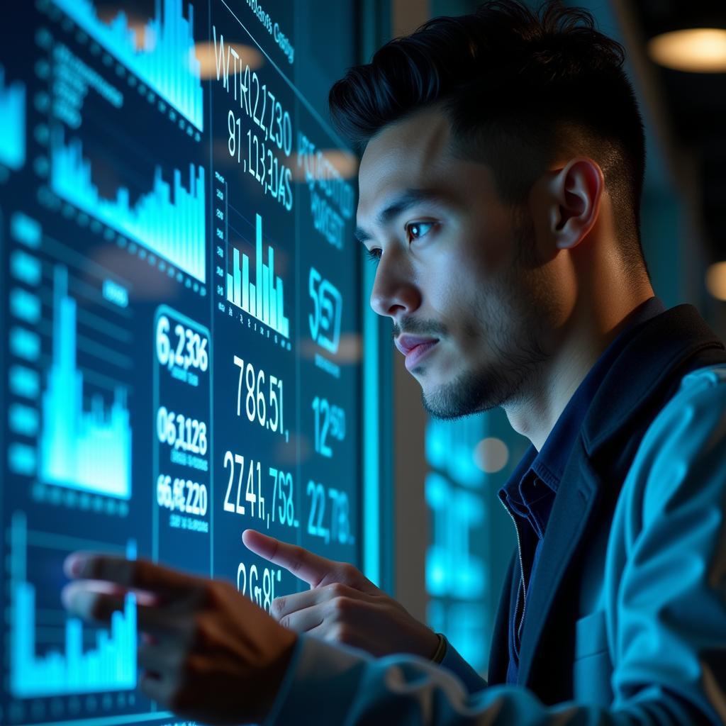 Football player analyzing statistics on a digital interface