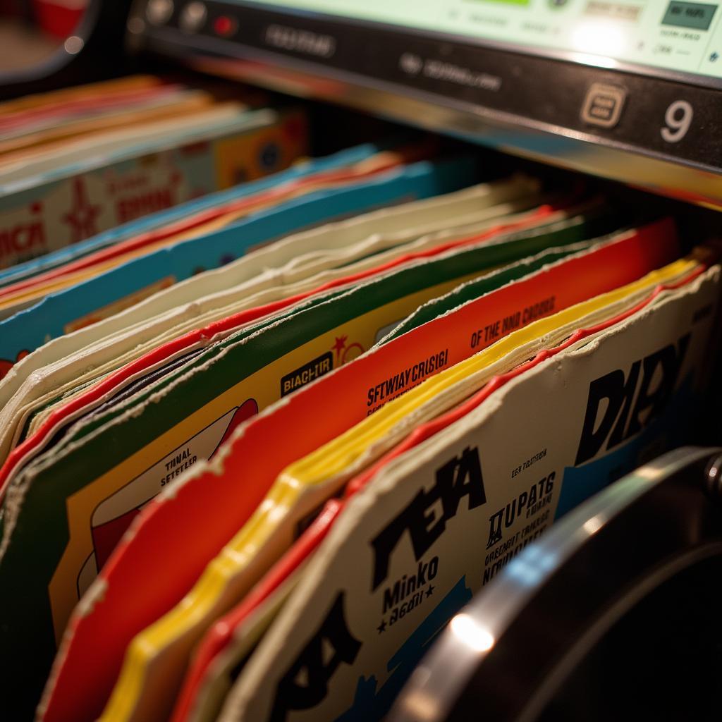 An array of colorful vinyl records stand ready to be played in a classic jukebox