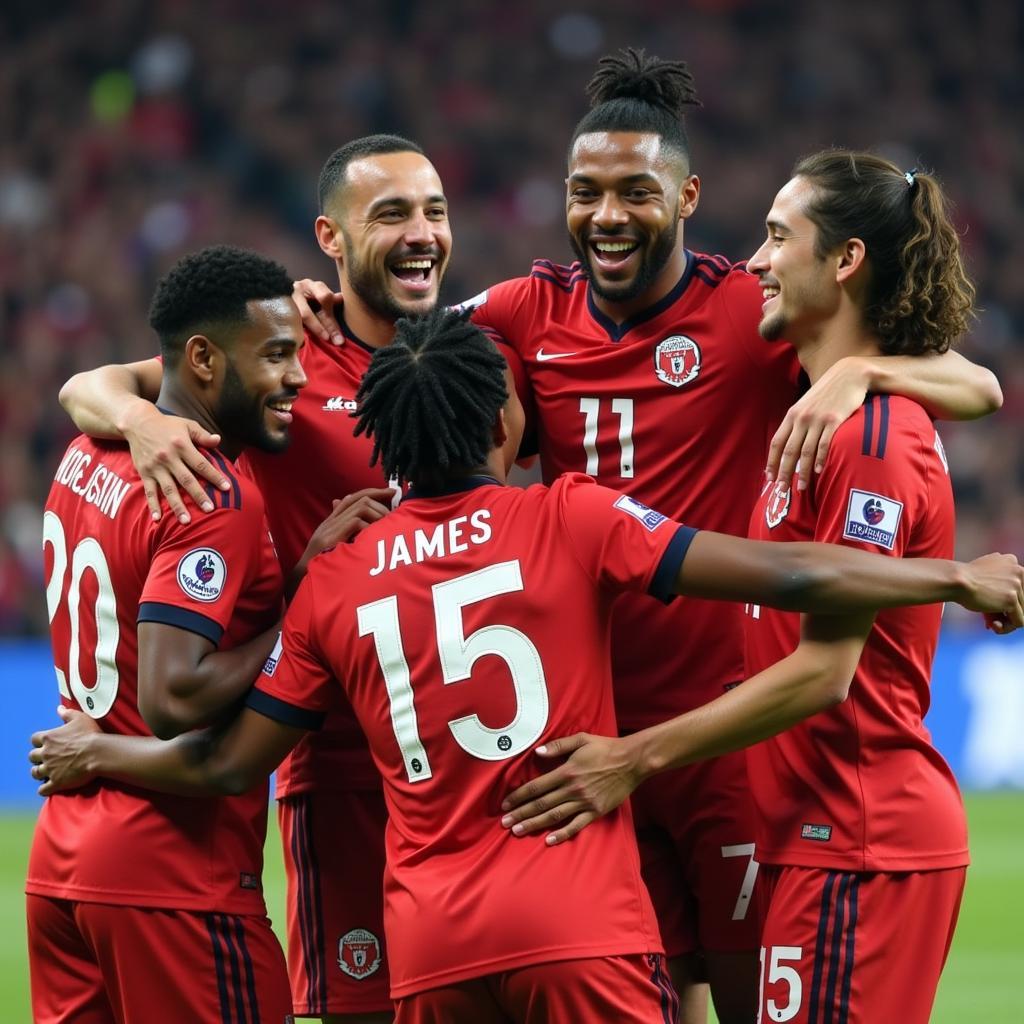 Aaron James celebrates a goal with his teammates