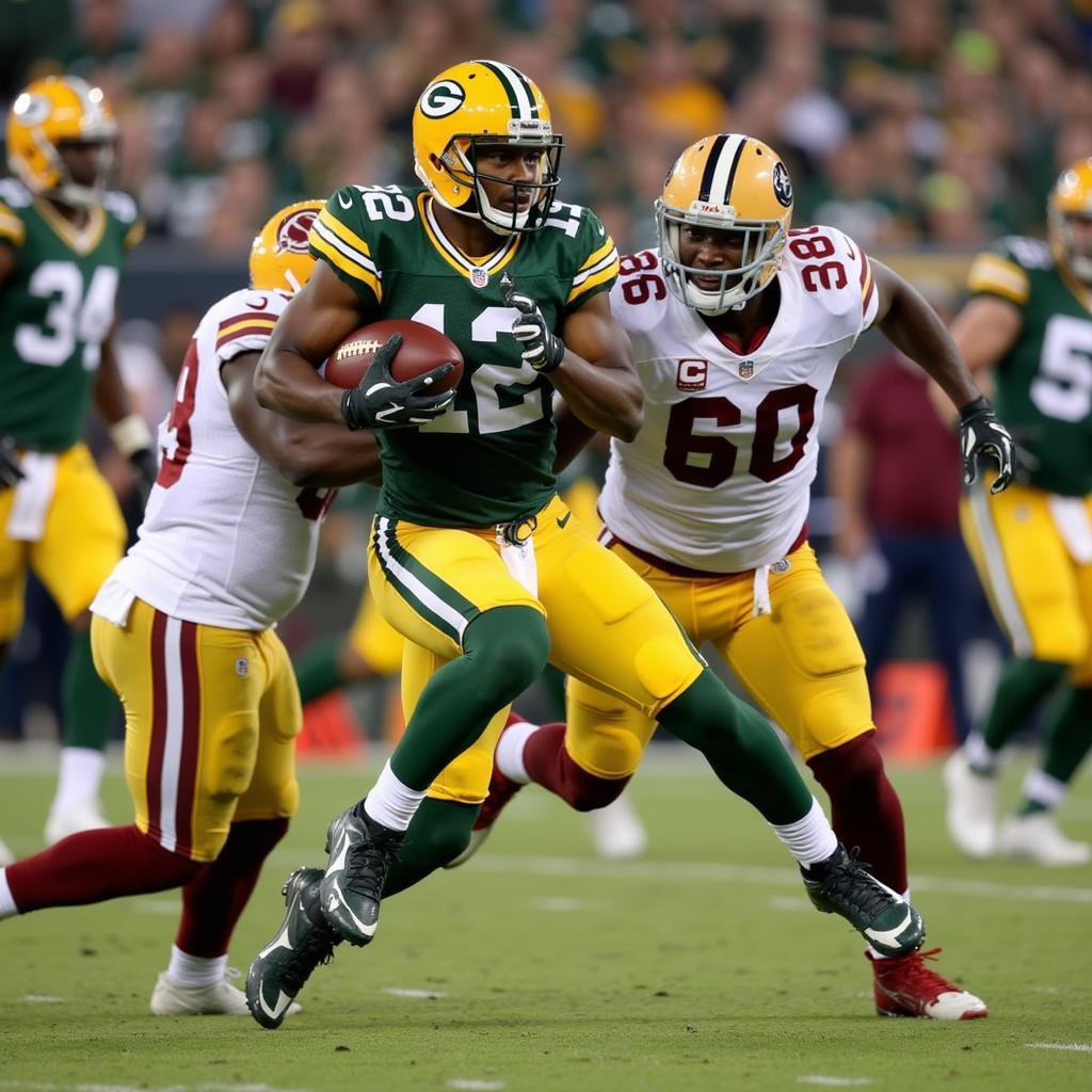 Aaron Jones evading a tackle for the Green Bay Packers 