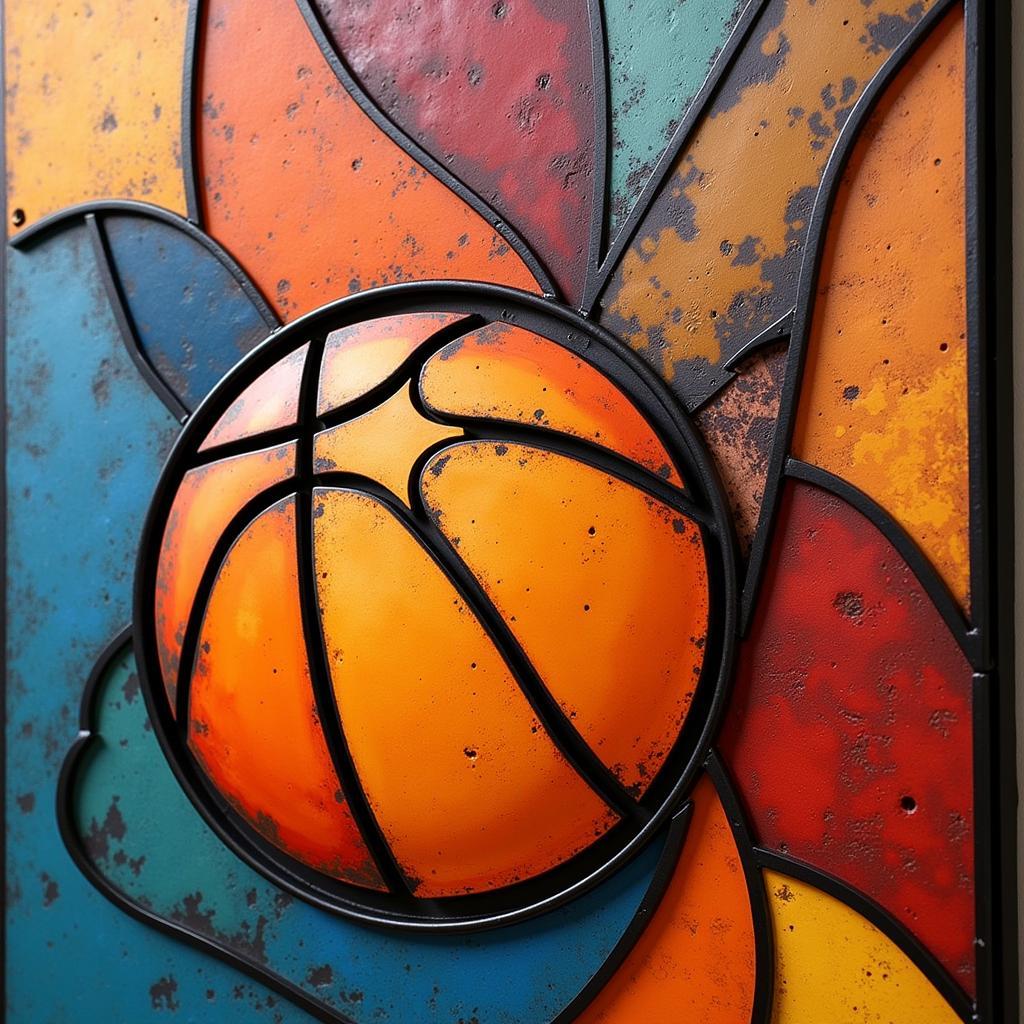 Abstract metal basketball wall art with geometric shapes hanging on a textured wall