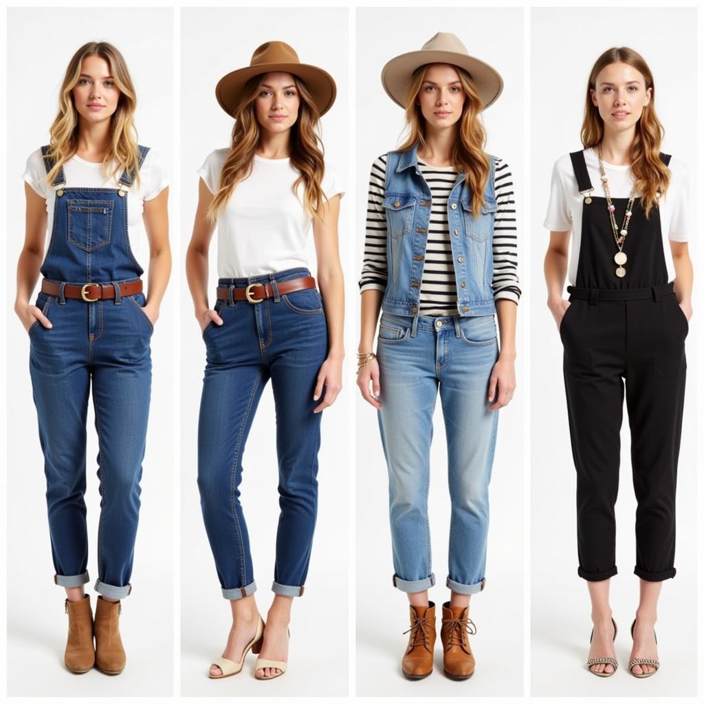 Women styling overalls with various accessories