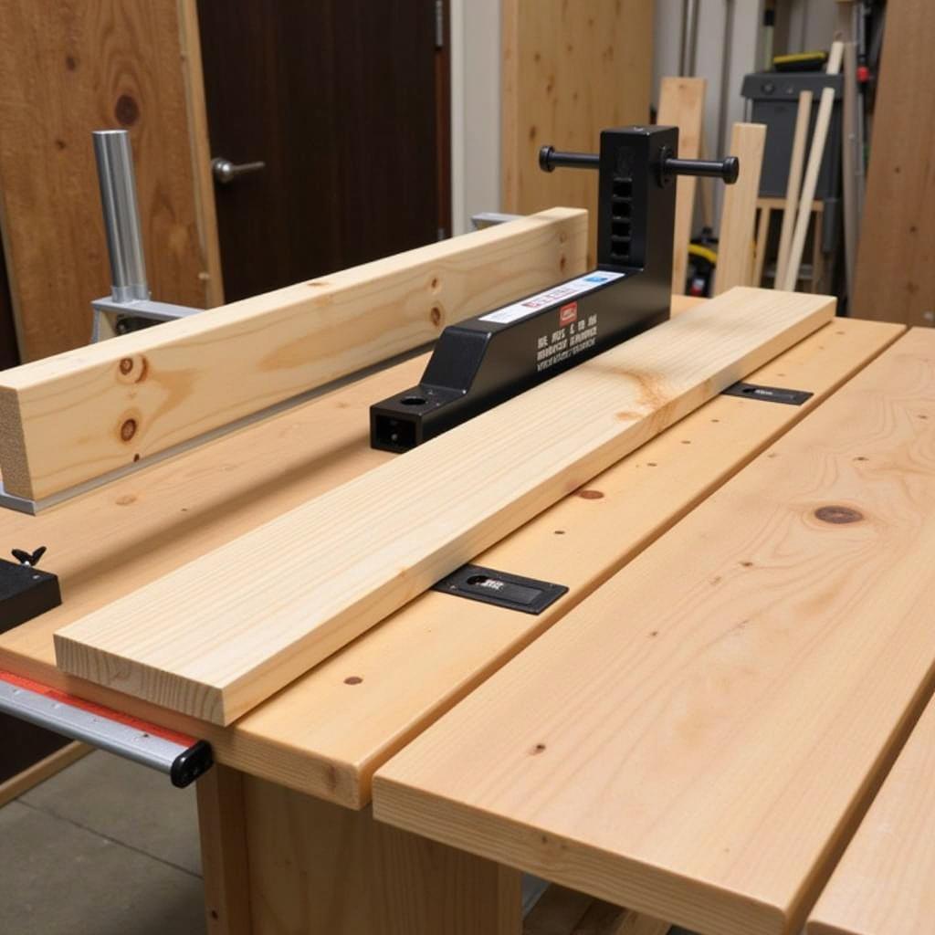 Adjustable bench dog fence system in action on a workbench