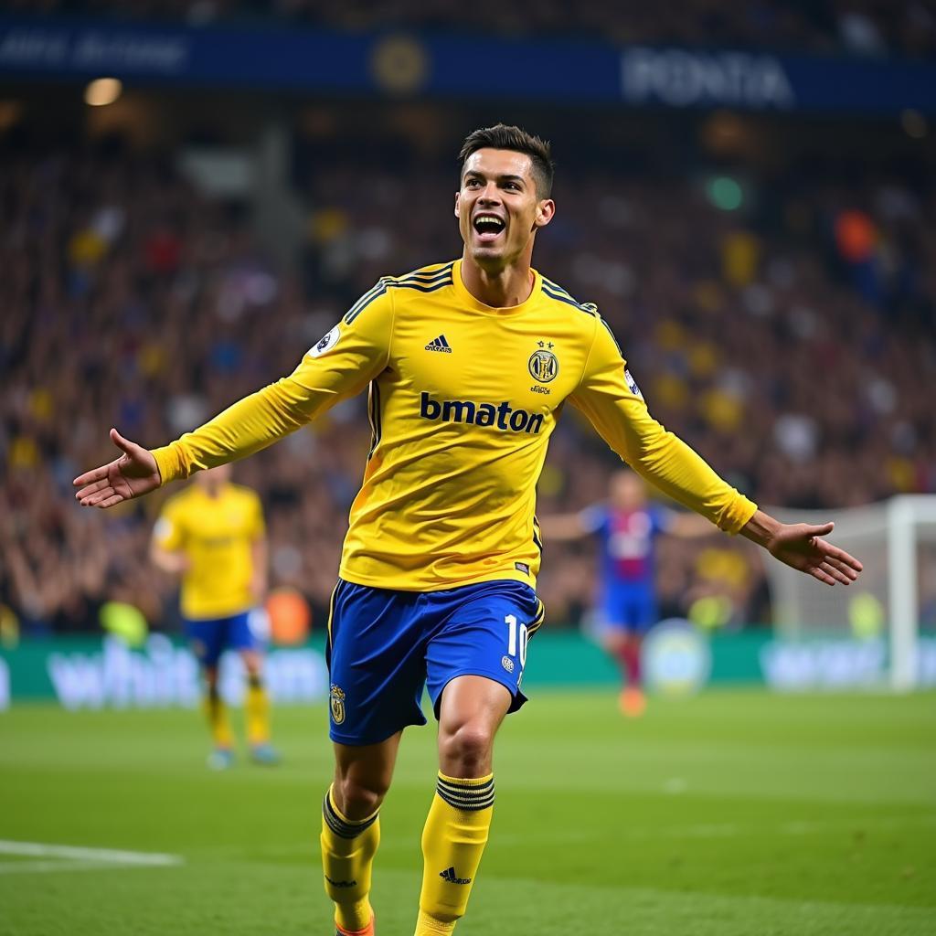 Cristiano Ronaldo celebrating a goal in the Al Nassr jersey.