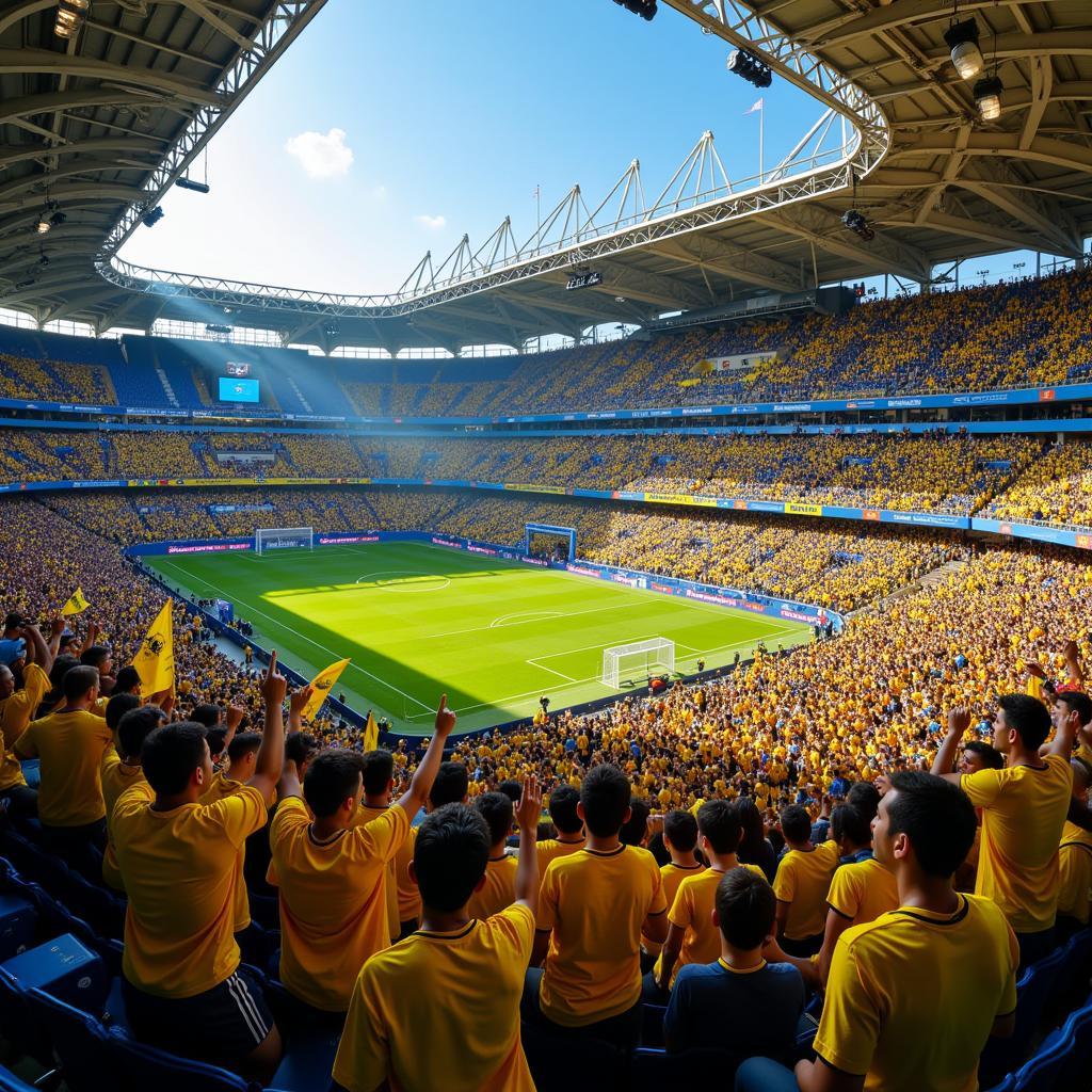 Al Nassr fans passionately cheering in a packed stadium.