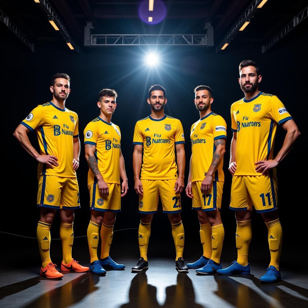 Al Nassr players showcasing the new kit at a launch event.