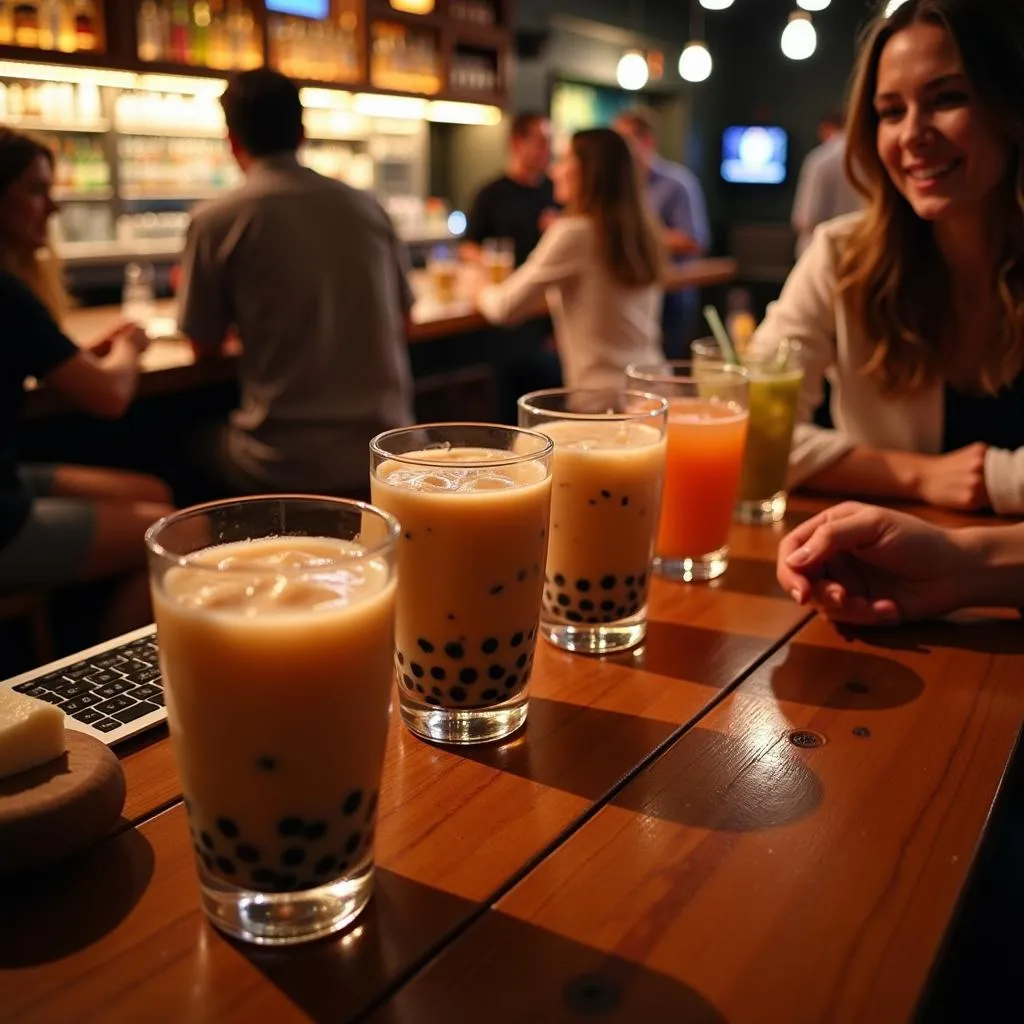 A vibrant alcohol bubble tea bar with customers enjoying drinks