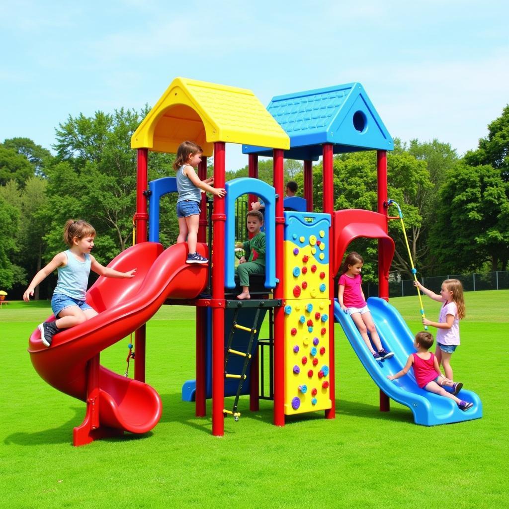 Children playing on an aligned play playground set