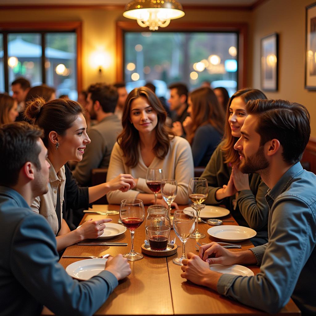 Group of friends laughing and talking, with one woman observing the interactions closely