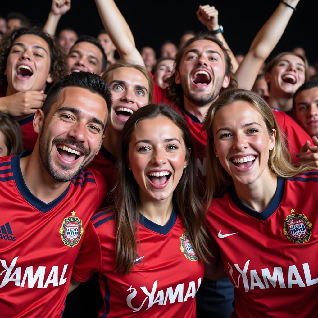 Fans celebrating a goal with Yamal's jersey