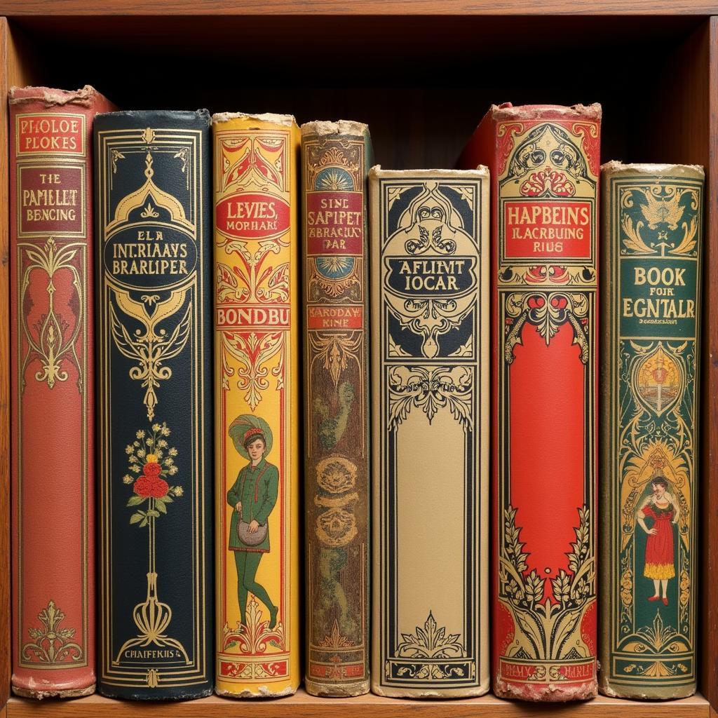 Antique Art Nouveau book collection on a wooden shelf