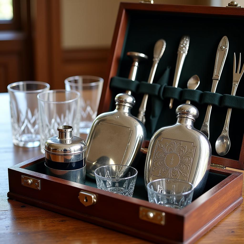 Antique Travel Bar Set with Silver Flasks