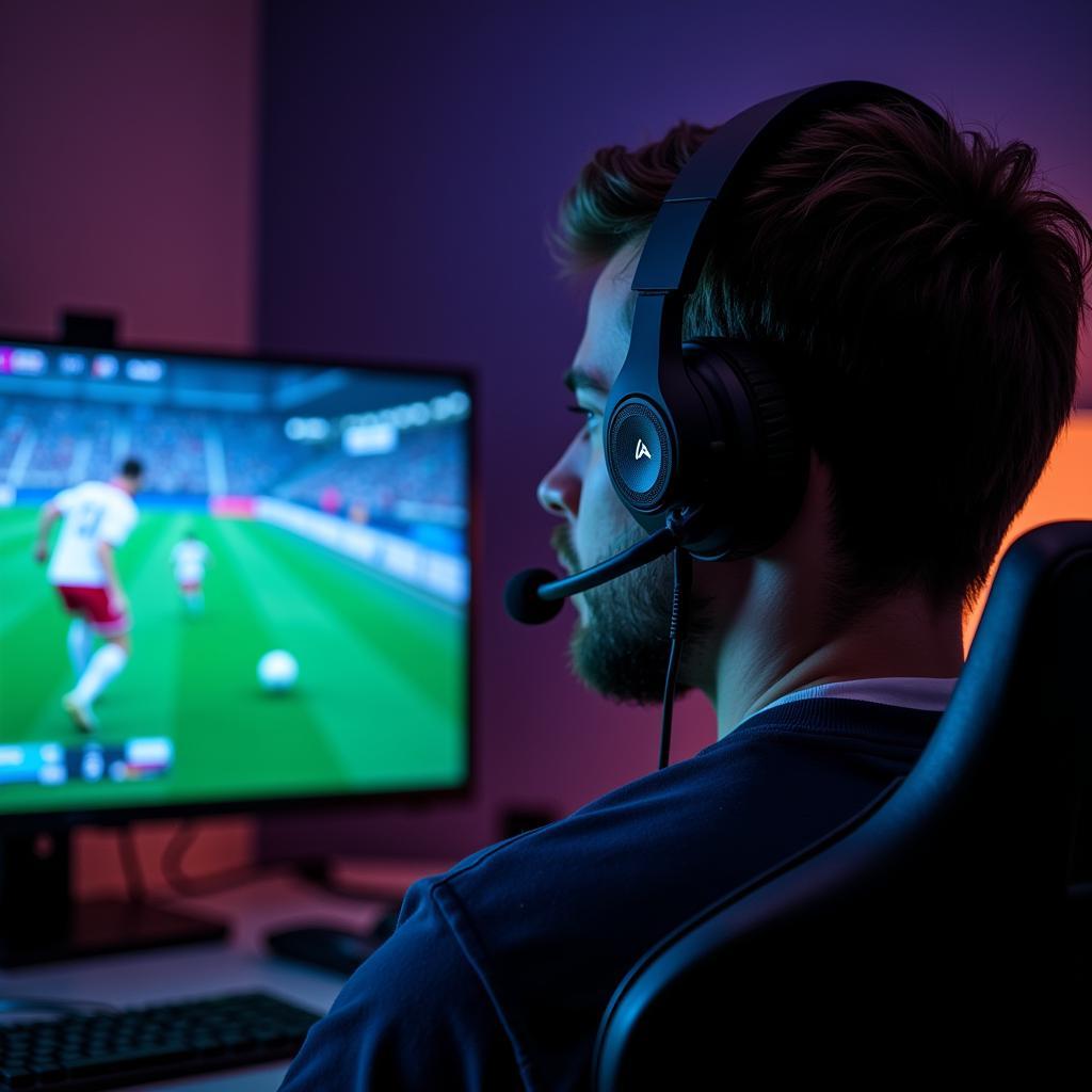 Gamer wearing Apex headphones while playing a soccer video game