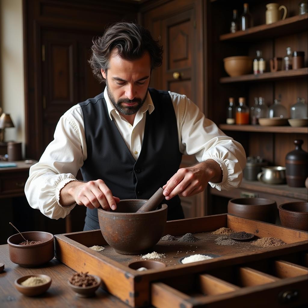 An apothecary carefully measures ingredients for a potion