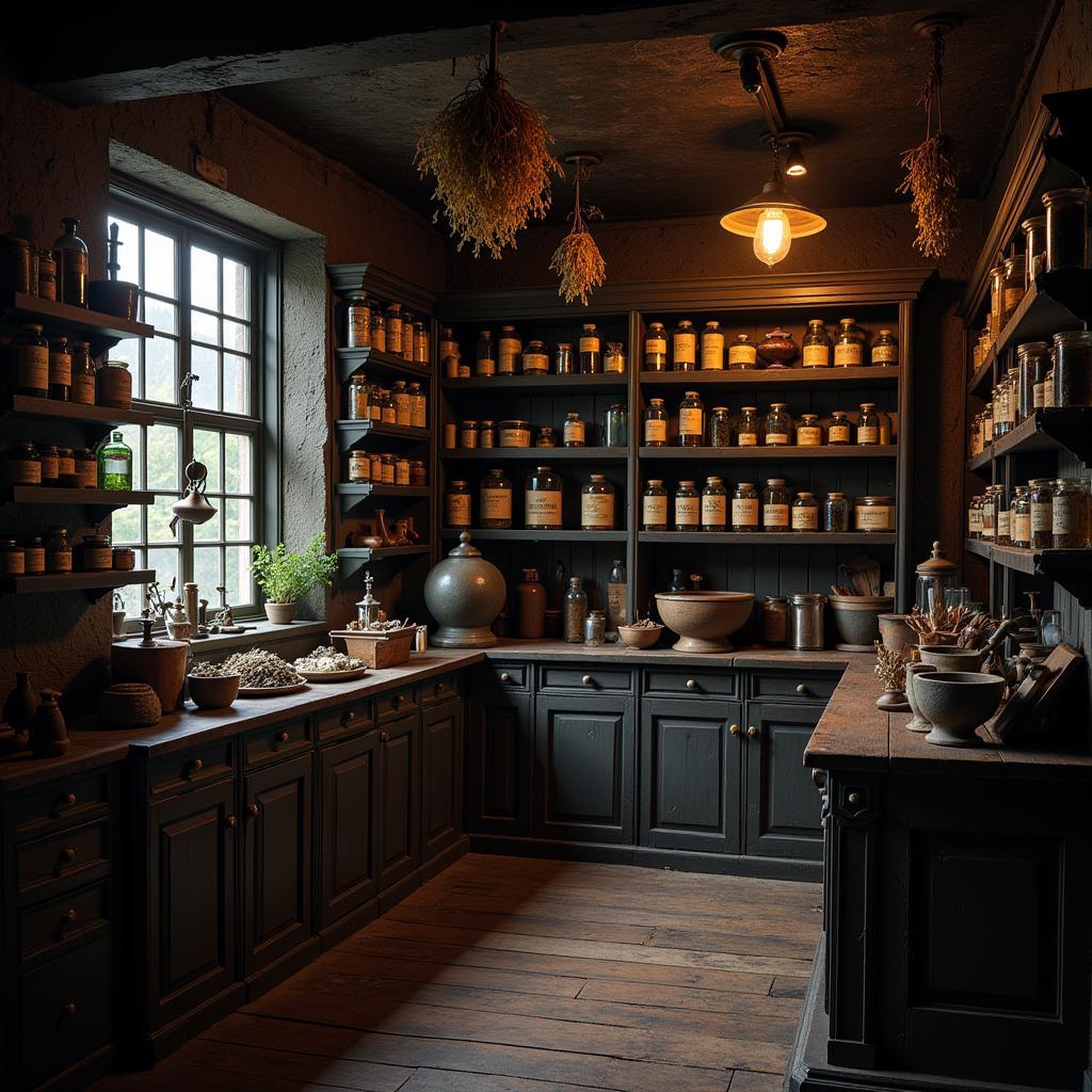 An apothecary's shop filled with jars, herbs, and equipment