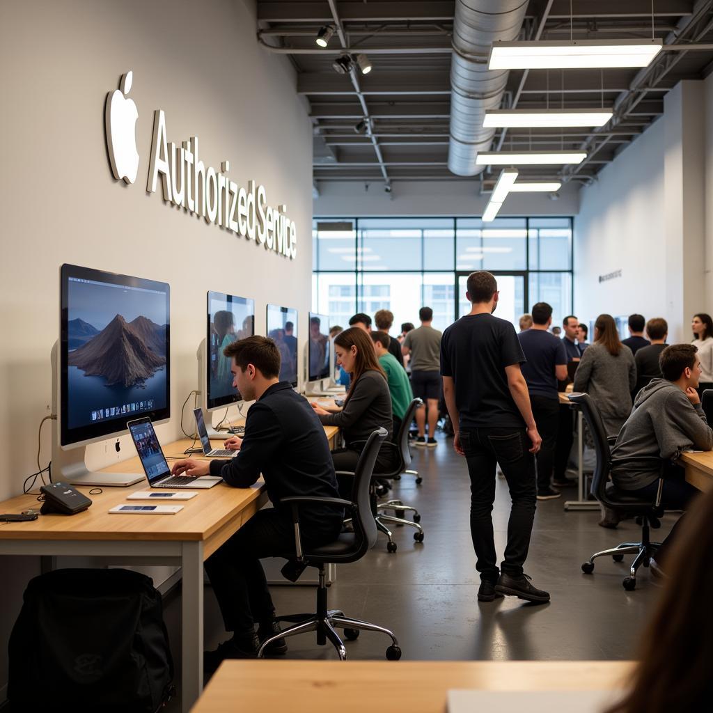 Customers waiting at an Apple service center