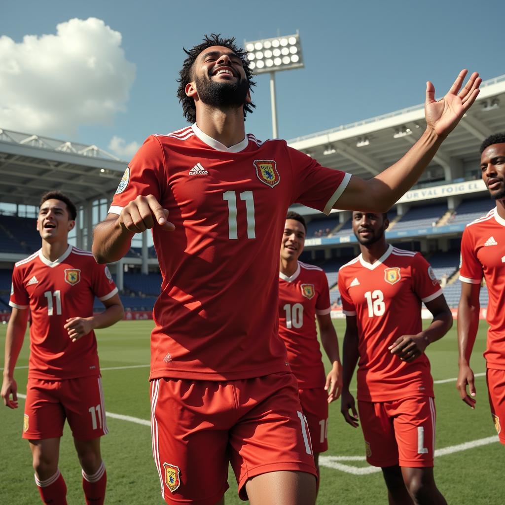  A group of young athletes celebrate a goal, their faces lit up with joy and camaraderie.