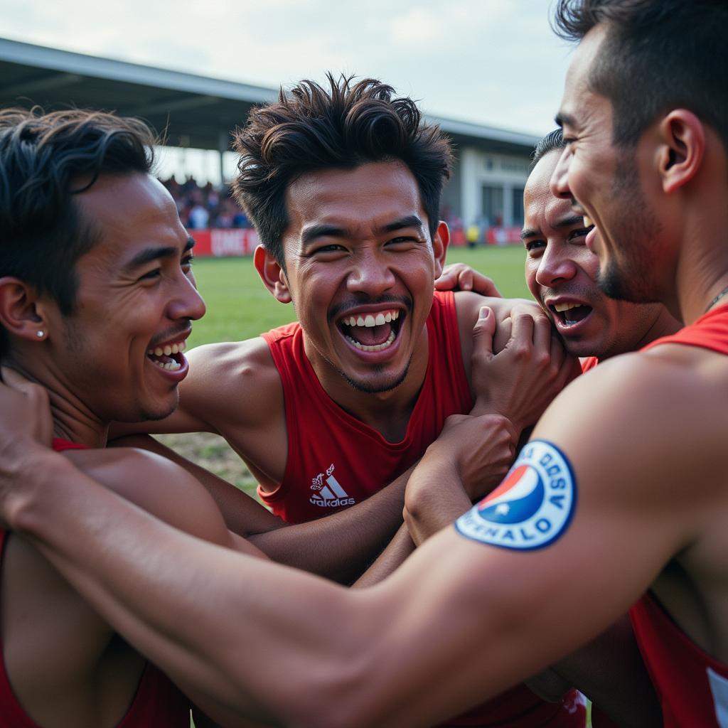 A victorious athlete, radiating joy and relief, signifying the emotional rollercoaster of football