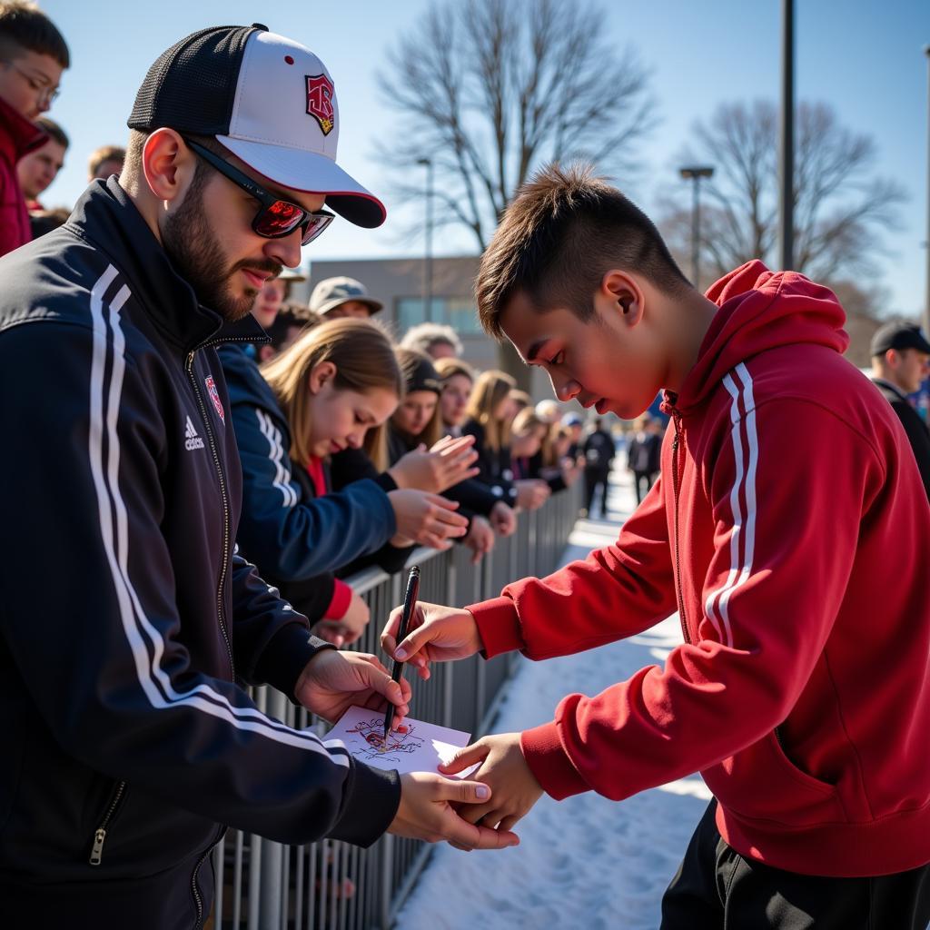 A young athlete signing autographs for fans