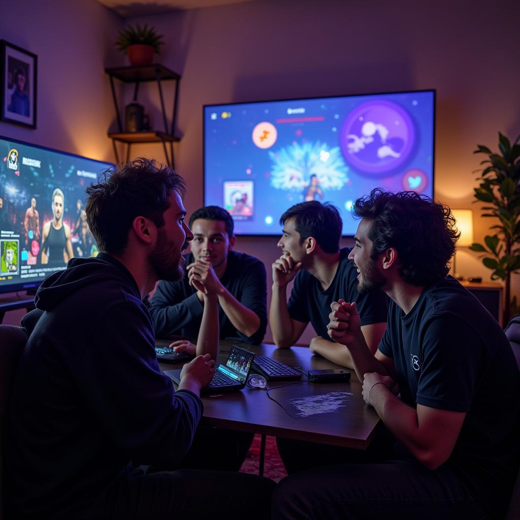 Group of athletes enjoying video games in a team environment