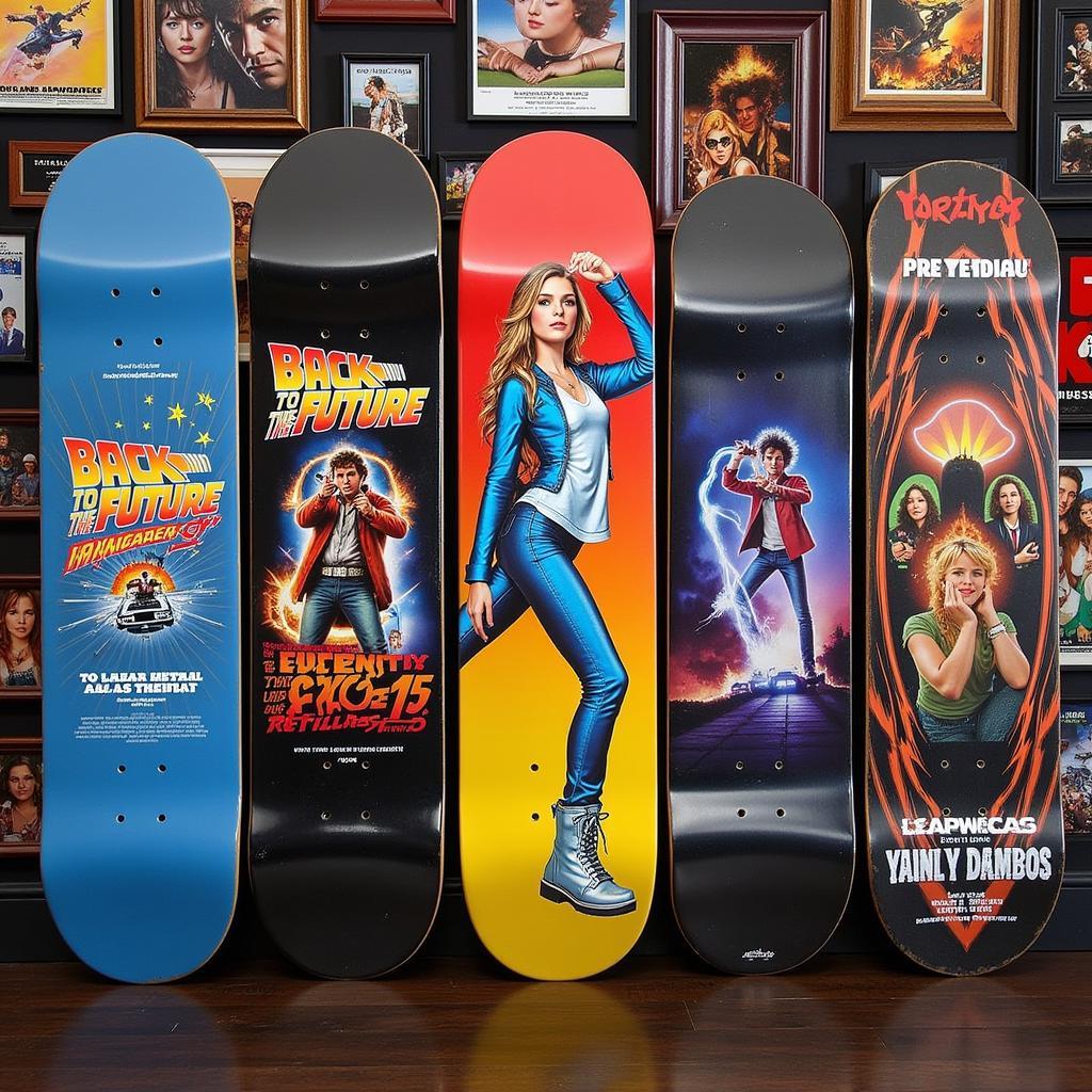 Different types of "Back to the Future" skateboard decks on display