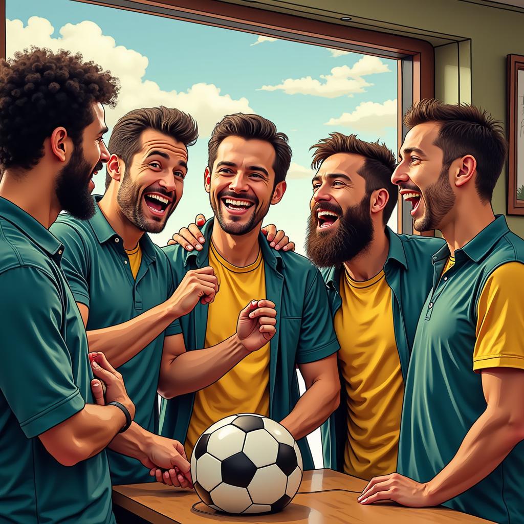 Group of men engaged in lively soccer banter at a barbershop