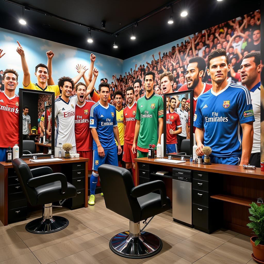 Barbershop wall mural depicting famous soccer players