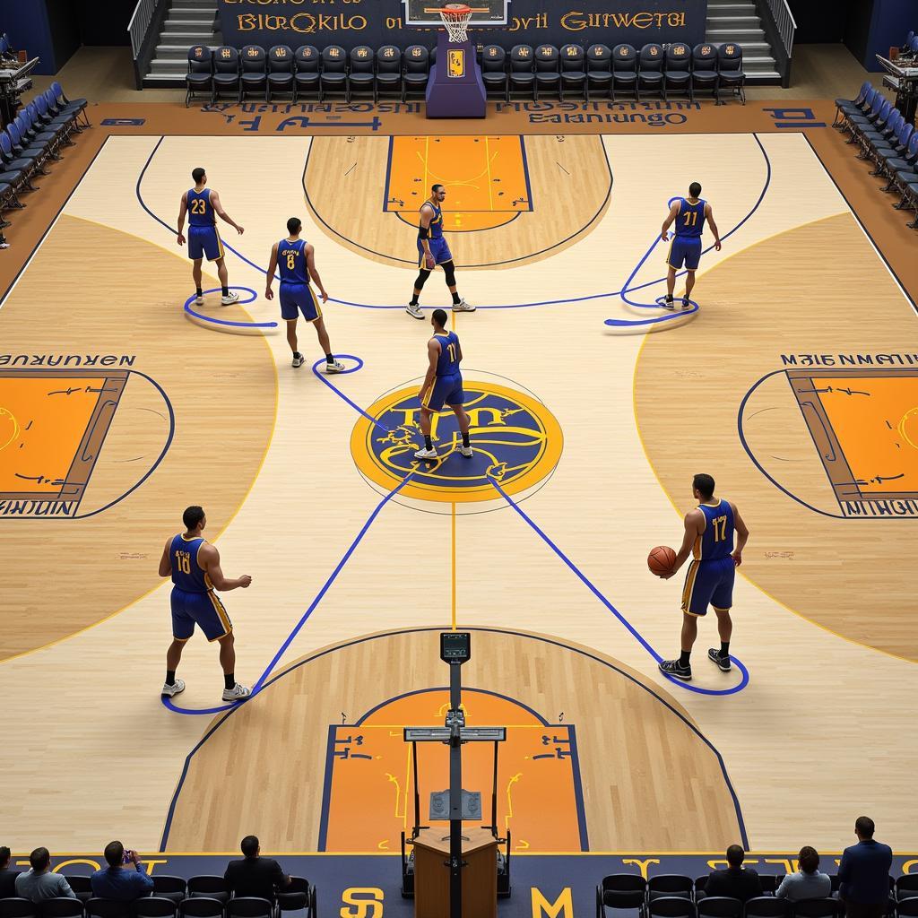 Basketball players moving on the court with geometric patterns highlighting their positions