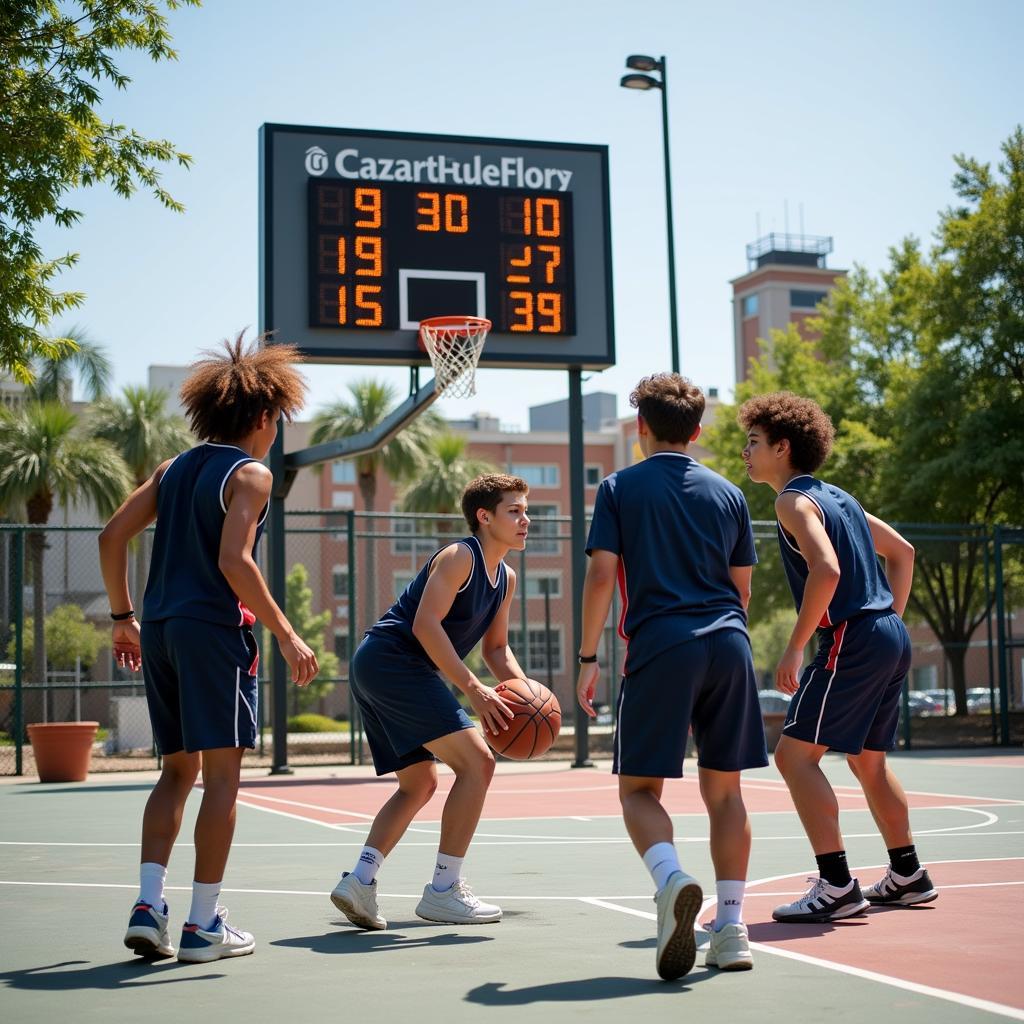 Basketball Players Competing with Electronic Scoreboard