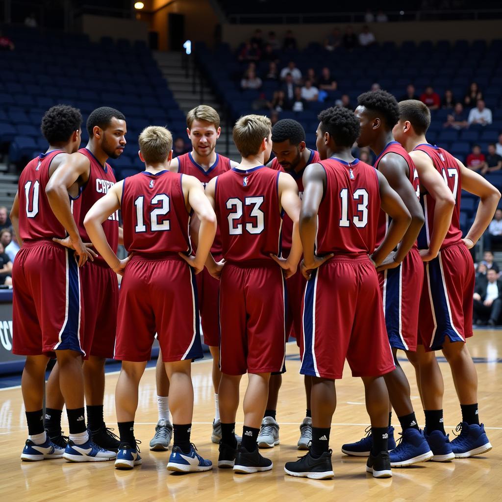 Basketball team huddling on the court during a timeout