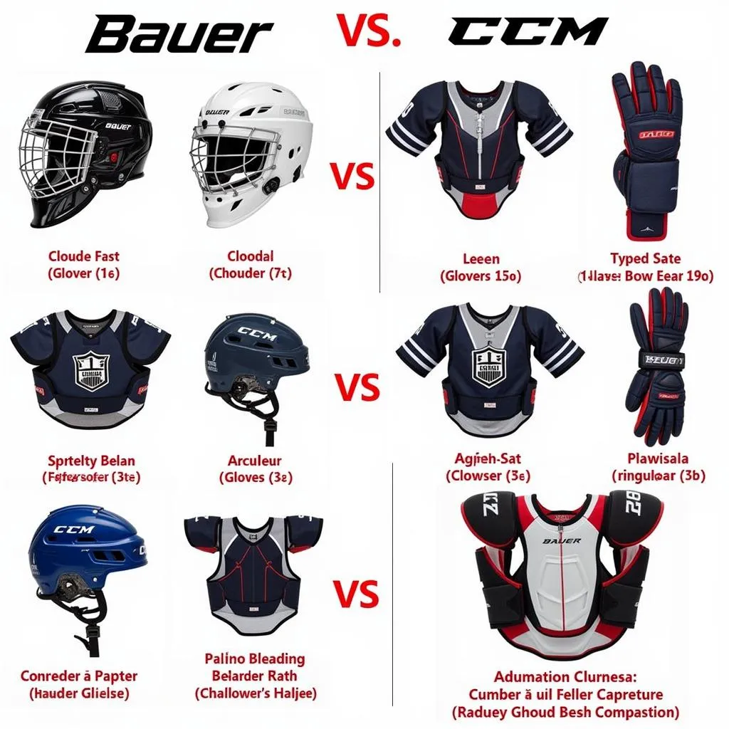 Assortment of Bauer and CCM hockey protective gear: helmets, gloves, and shoulder pads.