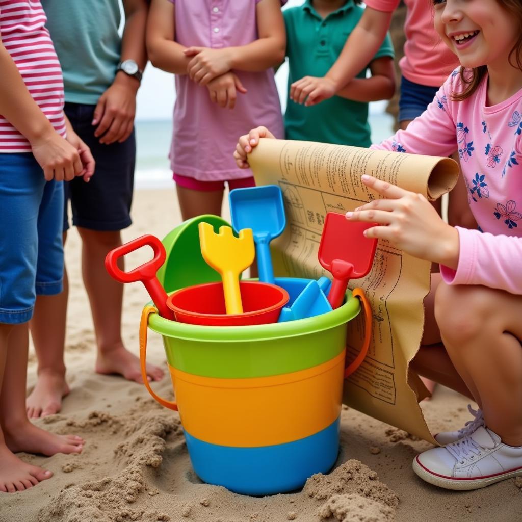 Setting up a beach treasure hunt for kids.