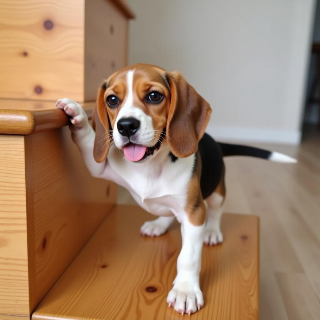 Beagle Puppy Conquering Stairs