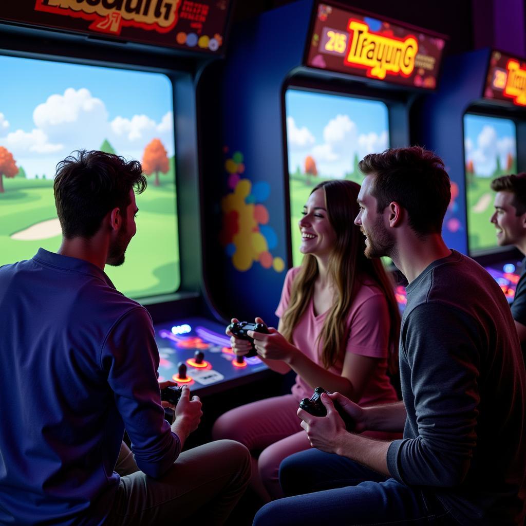 Friends playing an arcade golf game together