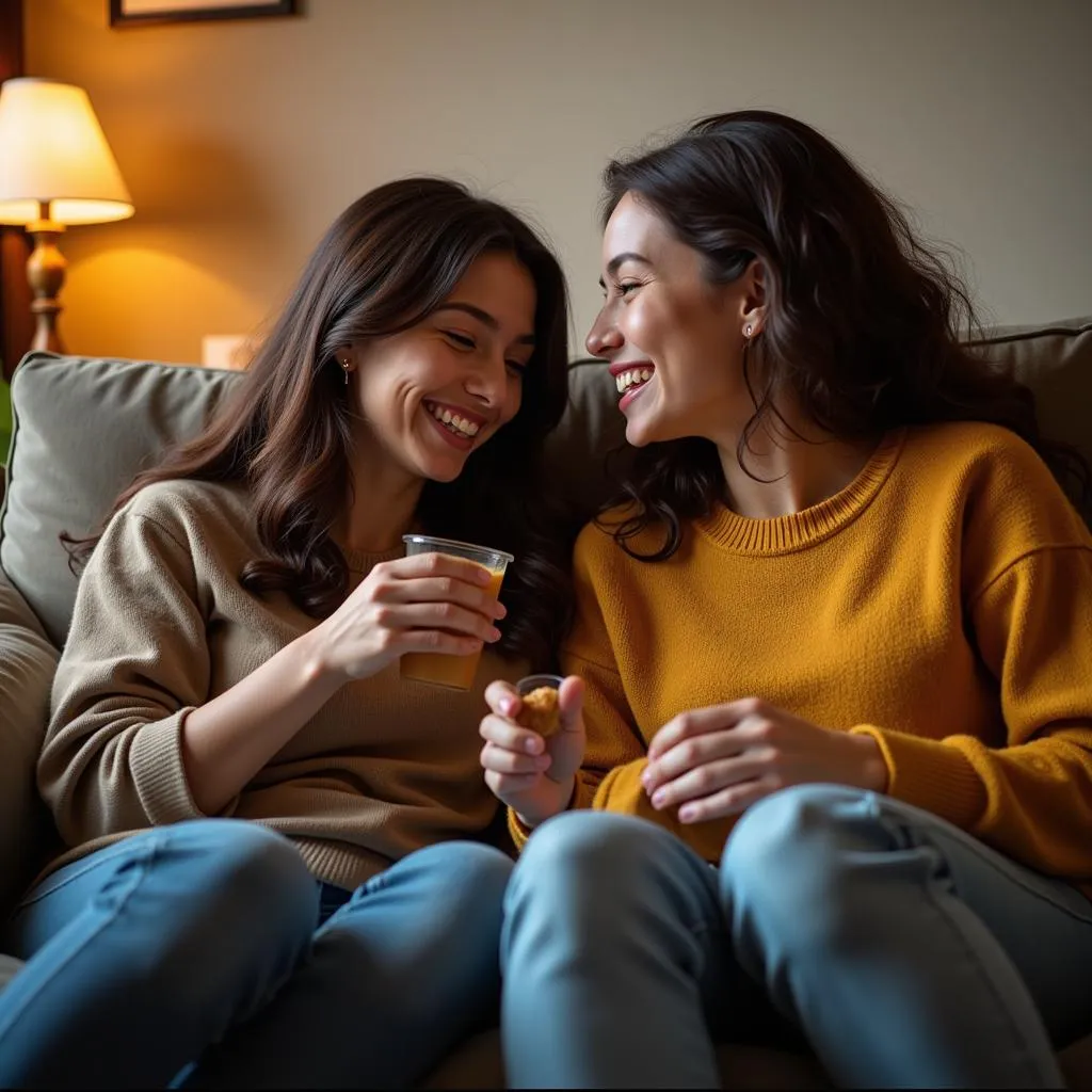 Two friends relaxed on a couch, laughing and enjoying each other's company