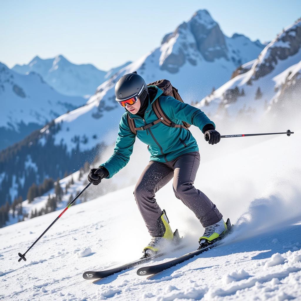 A skier gracefully carves down a steep black diamond run covered in fresh powder.