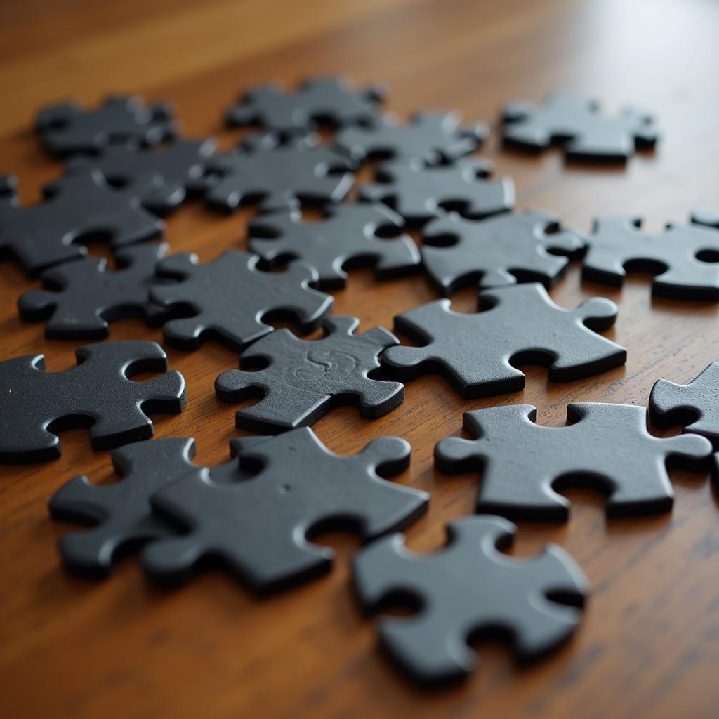 Black puzzle pieces scattered on a table