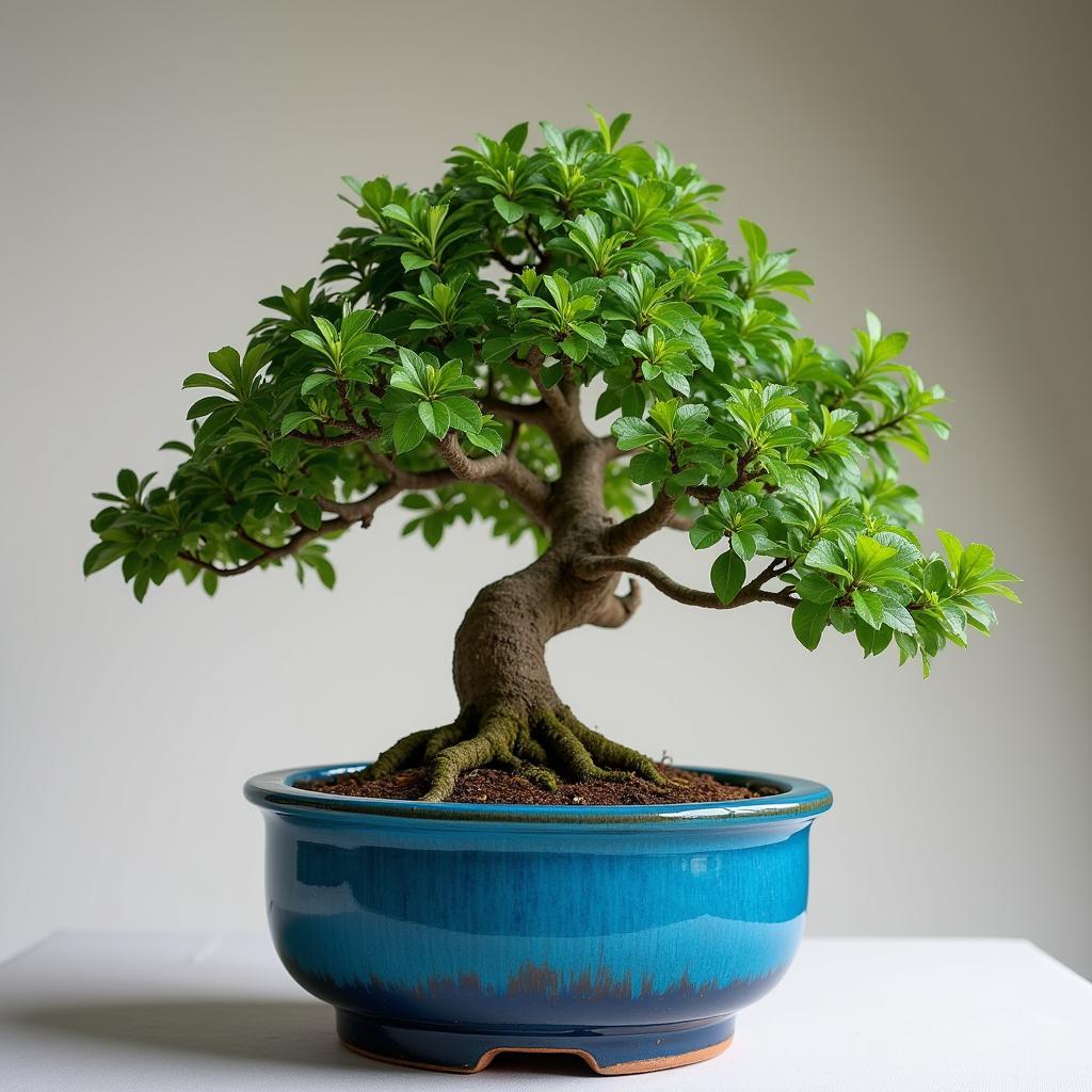 Blue bonsai pot showcasing a thriving miniature tree