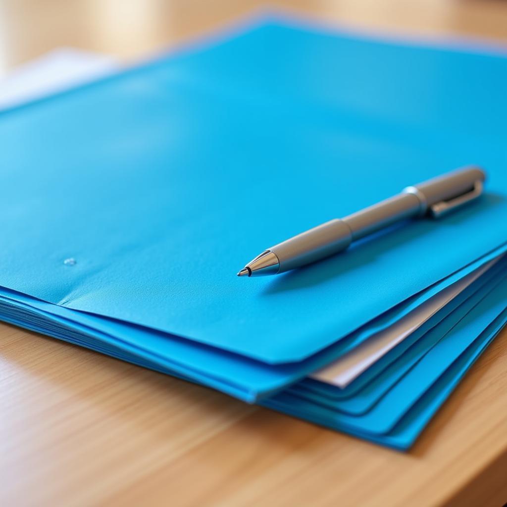 Office supplies: Blue folders stacked neatly on a desk