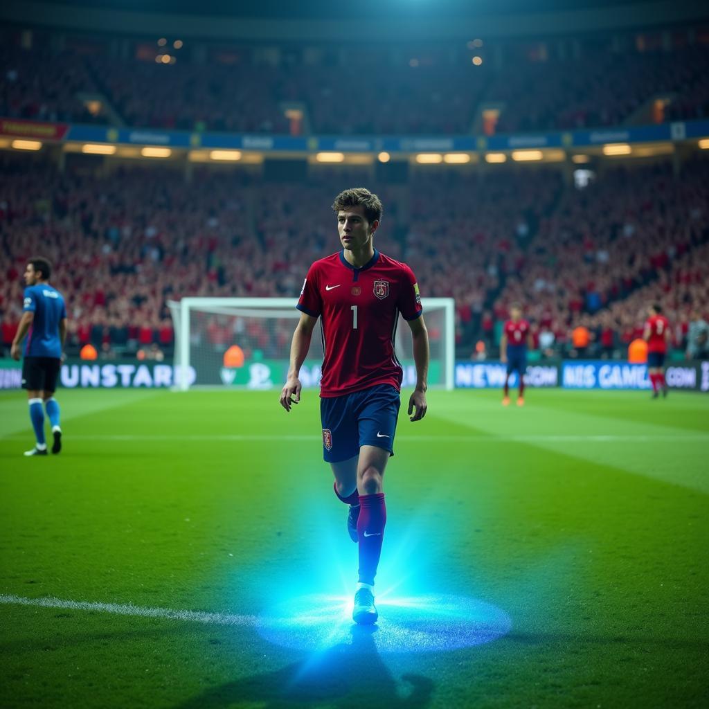 Yamal walking onto the pitch with blue underglow illuminating his silhouette