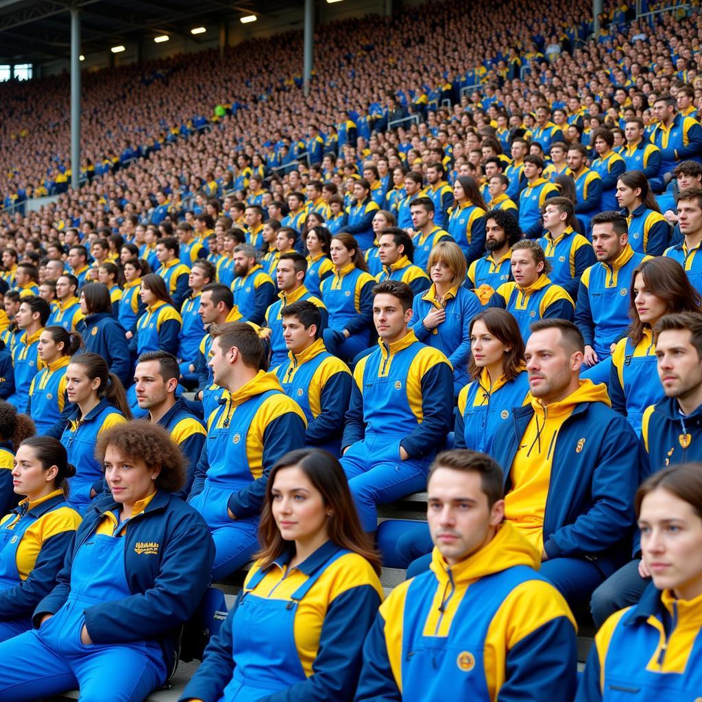 Crowd of fans in blue and yellow striped overalls fill stadium seats