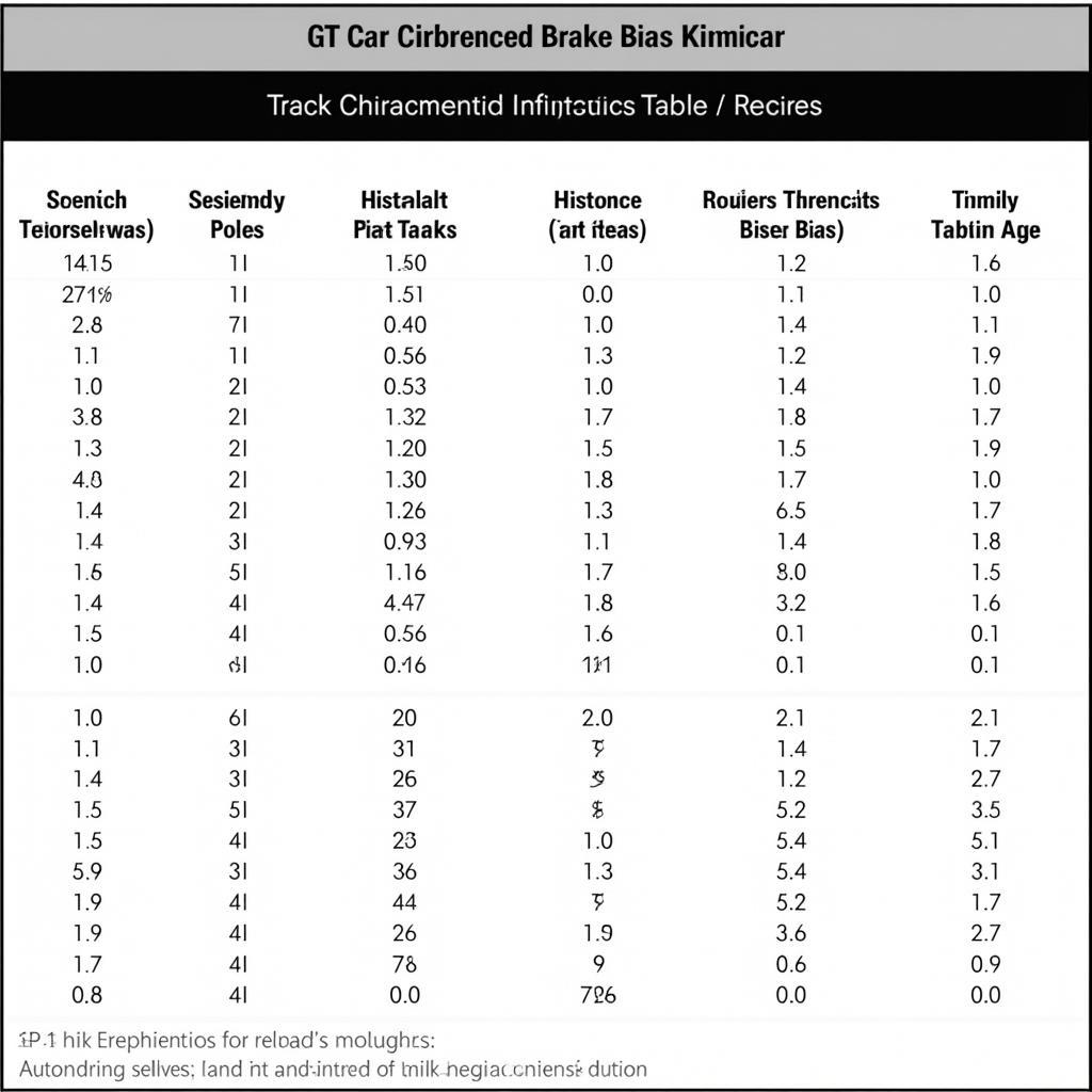 Brake Bias Adjustment Chart for Different Tracks