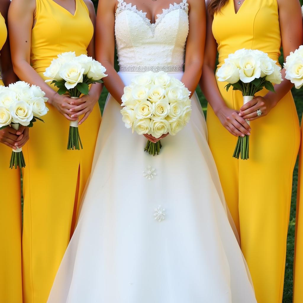 Bridesmaids looking radiant in flowing yellow dresses holding bouquets of white flowers.