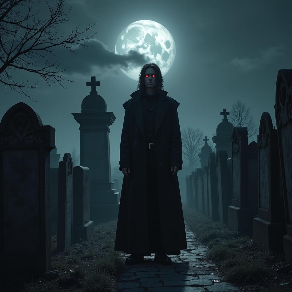 A lone vampire standing in a moonlit graveyard