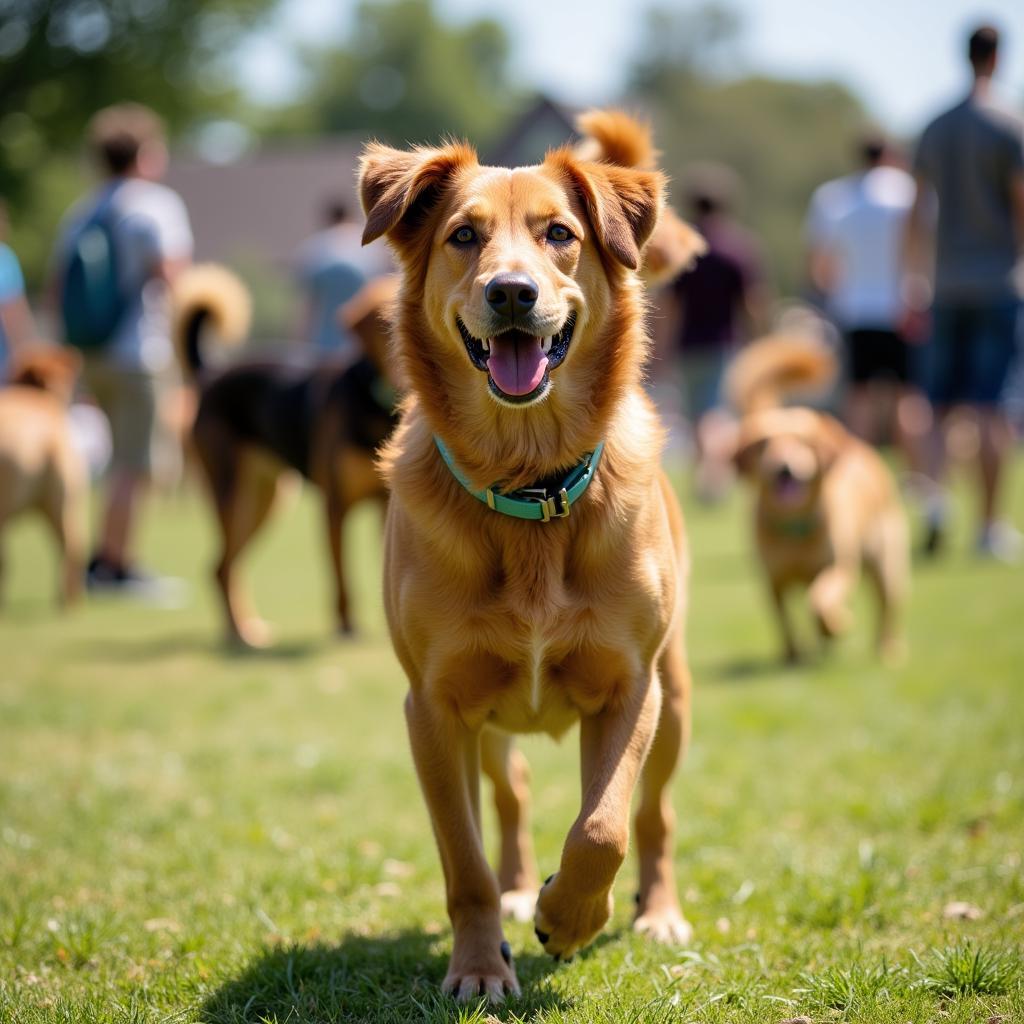 Happy brown mutt dog playing in the park