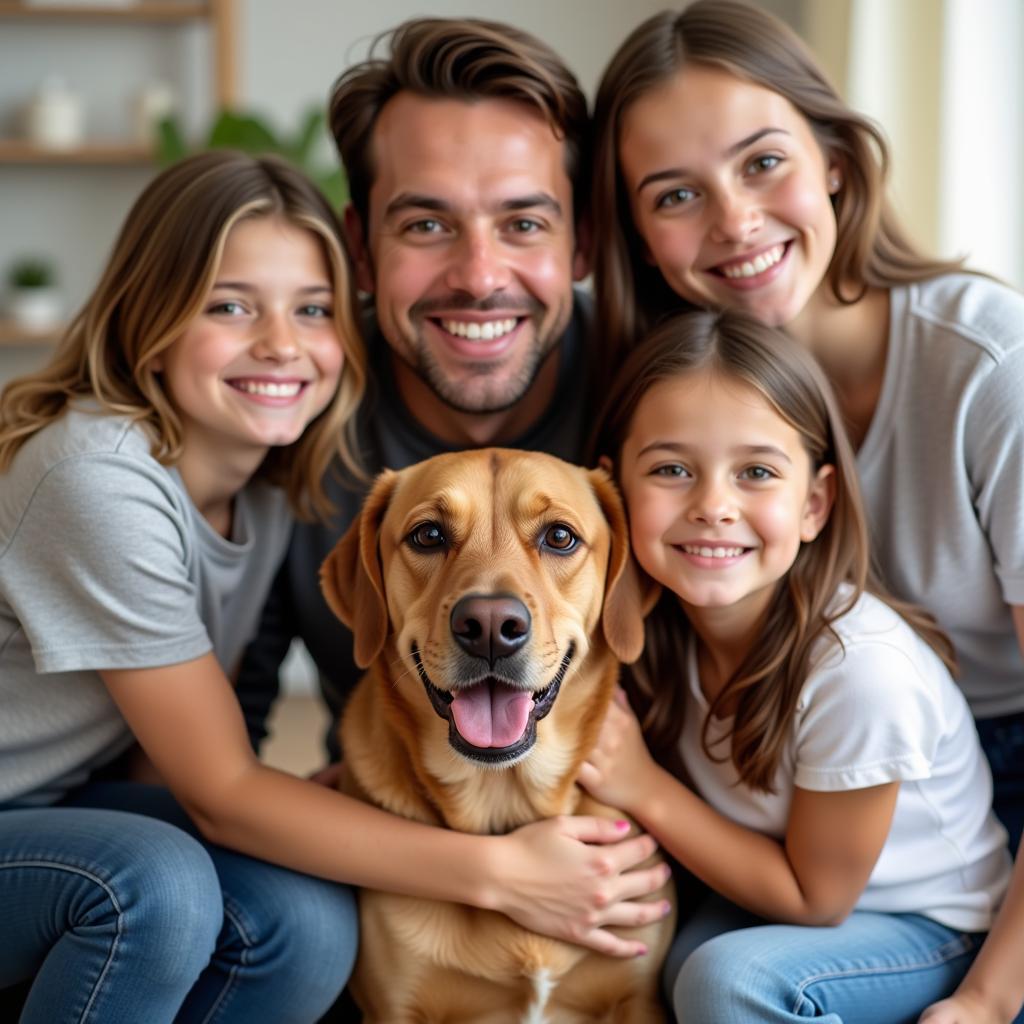 A happy family poses with their beloved brown mutt