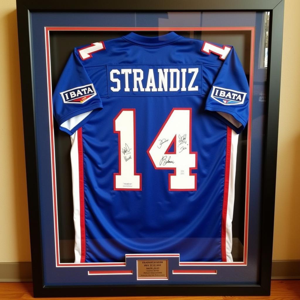 A framed Bruins 2023 Winter Classic jersey displayed on a wall.